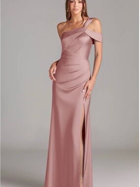 NWT Azazie Wynter Stretch Dusty Rose Sheath One Shoulder Stretch Satin Dress